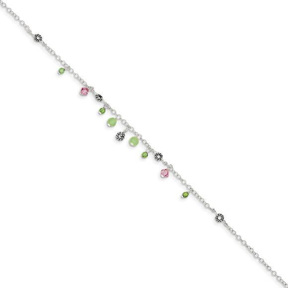 Sterling Silver 9in Pink Crystal Green Quartz Peridot Beads Anklet, 9 inches - Picture 2 of 8